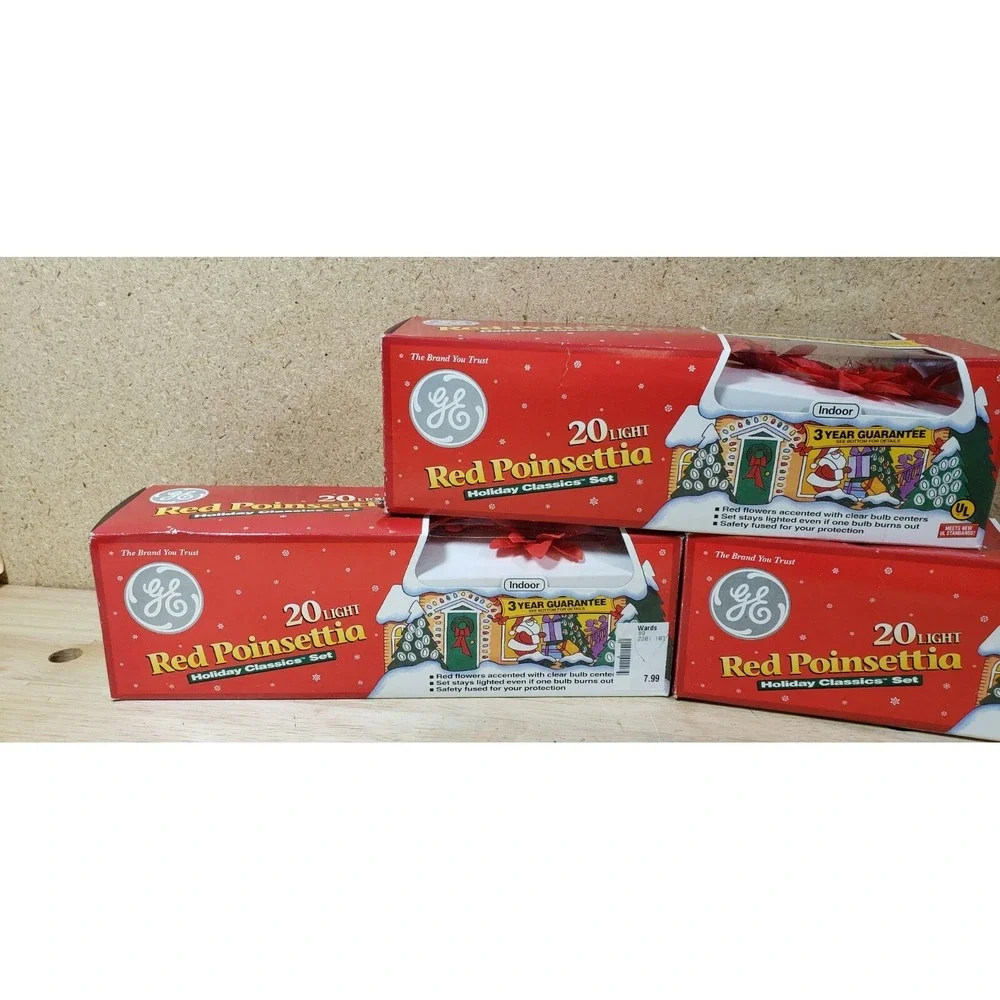 Lot of 3 GE Red Poinsettia Christmas 20 Light Set - Decoration‎ - Holiday
